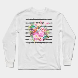 Tropical floral leaves and flamingos stripes Long Sleeve T-Shirt